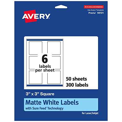 Avery Matte White Square Labels, Sure Feed Technology, 3" x 3", 300 Matte White Printable Labels