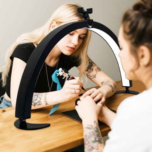 29in Half Moon Light for Nail Desk, Foldable Nail Light for Desk, Large LED Desk Lamp Professional Lash Lamp Adjustable Brightness with Phone Holder for Manicure,Drawing,Craft,Makeup,Tattoo(Black)
