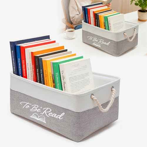 Book Storage Basket TBR Book Lover Gifts To Be Read List Storage Bin Reading Accessories?a bookish gift for students teachers homes as well as book club members and librarians (White + Gray)
