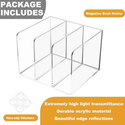 SEANADO Clear Acrylic Magazine File Holder with 3 Vertical Compartments Desk Organizer Book Rack for Home Office Desk Sorter Paper Folder Stand Bookshelf