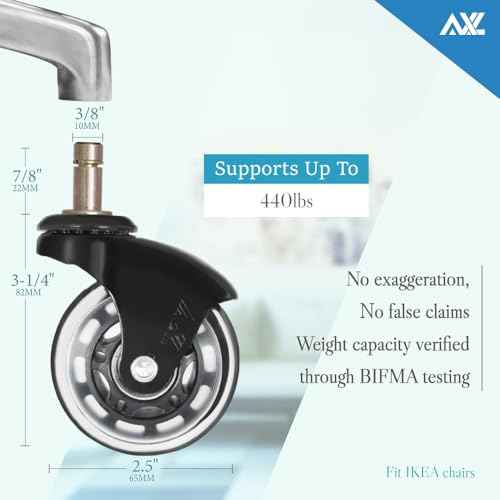 IKEA Office Chair Wheels Replacement for Hardwood Floor and Carpet, 10mm Stem Size, 2.5" Roller Blade Style, Replacement Rubber Chair Casters Set of 5 (Black/Clear)