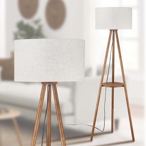 BTP Wood Tripod Floor Lamp, Farmhouse Shelf Wooden Standing light Drum Shade for Living Room, Bedroom, Office, Footswitch,ETL Listed/Brown Wood Color, 3 Color Temparature LED Bulb Include