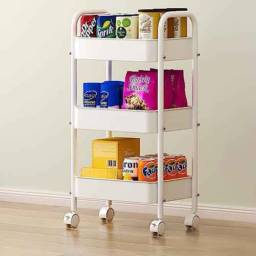 XIUSHE 3-Tier Metal Utility Cart Rolling Storage Organizer, Portable and Sturdy, Ideal for Office, Kitchen, Bathroom, Kids' Room, Classroom, White