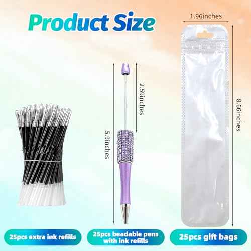 75 Pcs DIY Diamond Beadable Pen Kit - 25 Plastic Rhinestone Beaded Pens Bulk with Refills & Bags - Fancy Cute Glitter Pens for Crafting, Students & Teachers ? School Supplies, Office Item