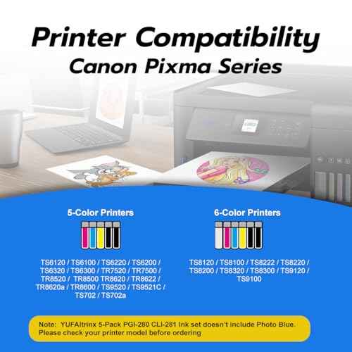 5-Pack Ink Cartridges PGI-280XL CLI-281XL 280 281 Work for Pixma TS702 TS6120 TS6220 TS6320 TR7520 TR8520 TS9520 TS8120 TS8222 TS8320 (PBK/BK/C/M/Y)