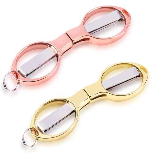 2PCS Folding Scissors, Portable Travel Scissor, Gift for Men Glasses Shaped Mini Shear Telescopic Cutter, Anti Rust Stainless Steel Scissors for Fishing Sewing Home Office (Rose Gold, Gold)