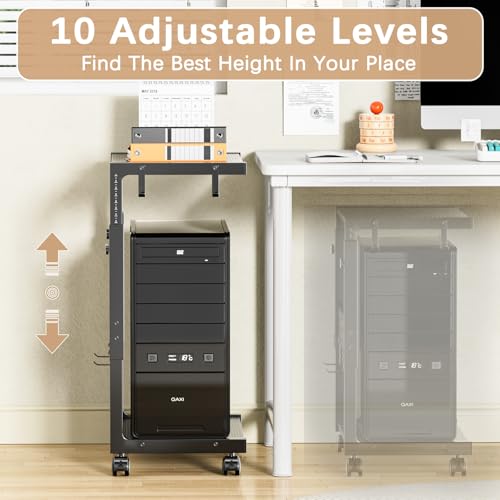 Adjustable Computer Tower Stand 23-28 in Height • Rolling Desk CPU Holder with 4 Hooks