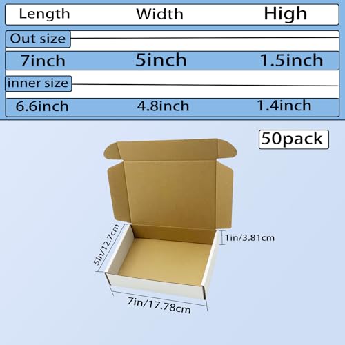 Myunzi White Shipping Boxes 7x5x1.5 Inch - Pack of 50 Small Corrugated Cardboard Boxes for Shipping & Packaging