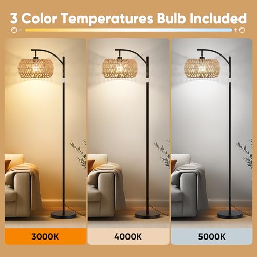 ROTTOGOON Rattan Floor Lamps for Living Room, Boho Standing Lamps with Rattan Shades, Arc Lamps Floor Standing with 9W Bulb, Foot Switch, Bohemian Floor Lamps for Bedroom, Office- Black