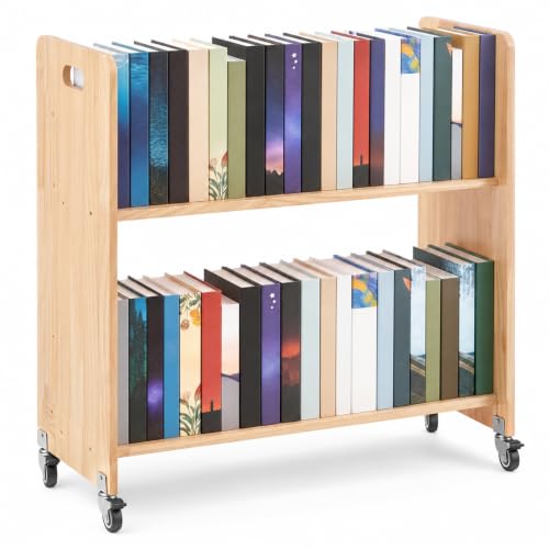 Leinuosen Solid Wood 2-Tier Book Cart with 2in Casters, 32" W x 30" H