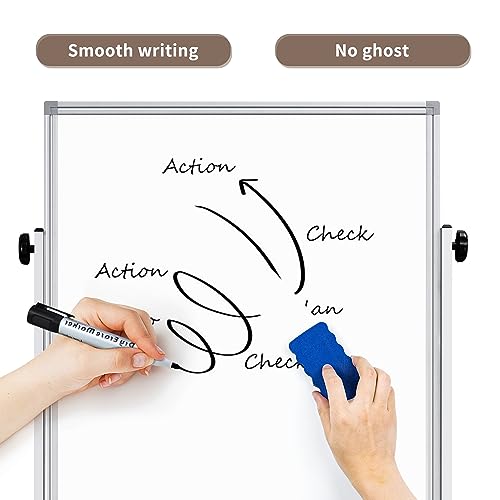 Double Sided Cork Board White Board, 32 x 48 inches Large Cork Board for Office, Height Adjustable Magnetic Dry Erase Board on Wheels, Portable Freestanding Natural Corkboard for Displaying, Planning