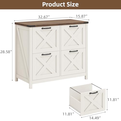 Halitaa Farmhouse Lateral File Cabinet with 4 Drawers – Rustic White and Brown