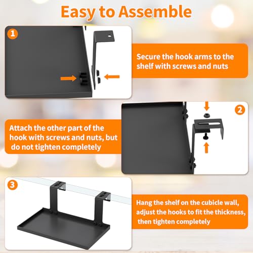 Adjustable Metal Cubicle Shelf with Hooks for Office Storage, Black
