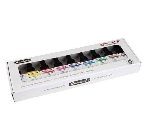 Schmincke - AERO COLOR Professional BASIC colors, 9 x 28 ml, 81 108 097, fine liquid and highly lightfast acrylic colors, airbrush, acrylic painting, mixed media techniques, acrylic ink.