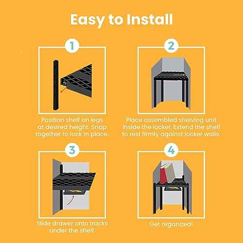 LockerMate Adjust-A-Shelf Locker Shelf & Organizer, Extends to Fit Your Locker, Includes Storage Drawer, Black