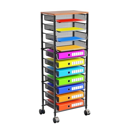 Simple Trending 12-Tier Wood Rolling File Cart with Mesh Trays, Office & Home Storage