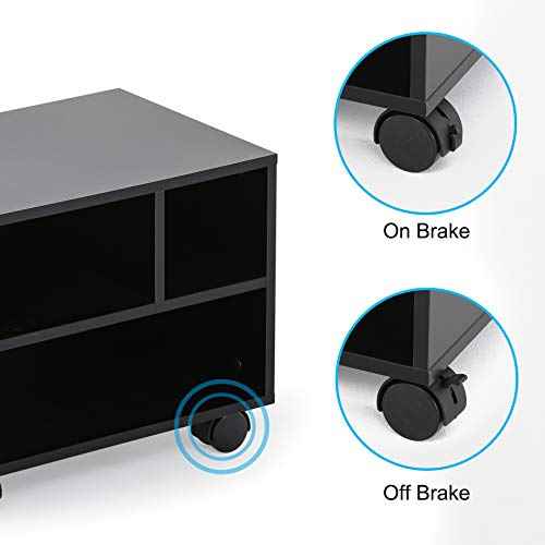 FITUEYES Mobile Printer Stand with Storage, Under Desk Black Wood Small Rolling Printer Table Work Cart with Wheels and 3 Compartment Organizer Spaces for Home Office, 15.7 x 11.8 x 13.8