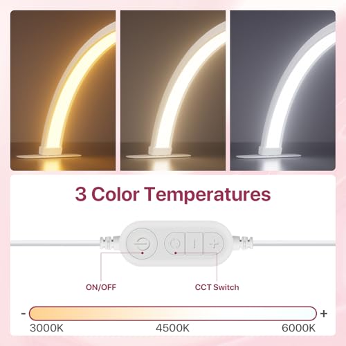 Half Moon Light for Nail Desk 29 inch, Foldable Nail Light for Desk with Phone Holder 3000K-6000K 10 Adjustable Brightness, LED Table Lamp for Manicure, Tattoos, White with Diamonds