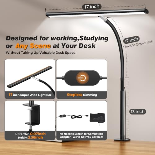 Airlonv Black LED Desk Lamp with Clamp, 17-Inch Stepless Dimming & Flexible Gooseneck