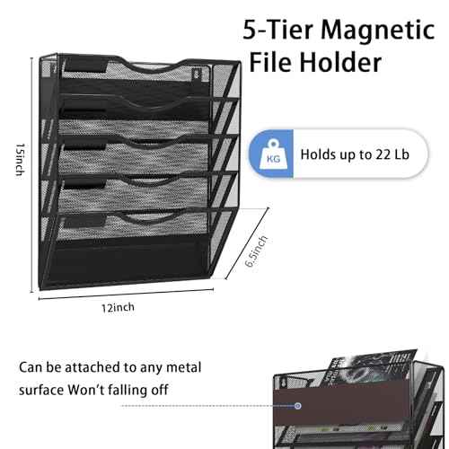 5-Tier Magnetic File Holder, No Drilling Installation File Cabinet Organizer, Black Magnetic File Organizer, Magazine Rack, Magnetic Paper Holder for Refrigerator, File Cabinets, Whiteboard