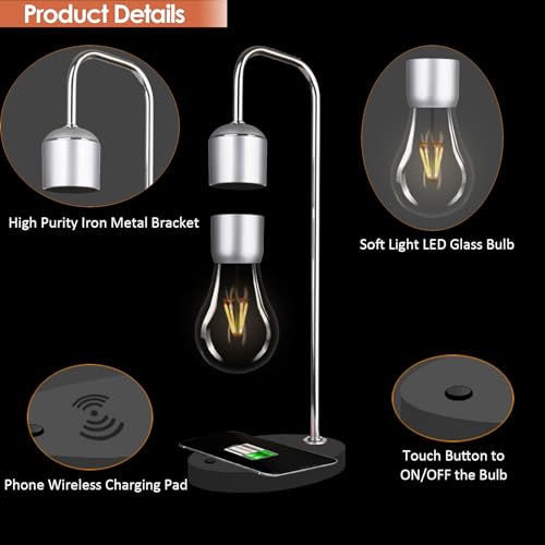 Magnetic Levitating Lamp with Wireless Phone Charger for iPhone Pro Max Floating Light Bulb LED Night Light Table Lamp Levitation Desk Lamp for Christmas Gift Bedroom Office Decoration