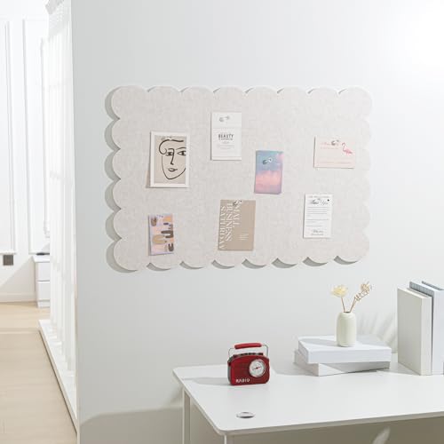Scalloped Felt Bulletin Board 36 x 24 Inches Foldable Beige Pin Cork Board Alternative for Wall, 3' x 2' Trifold Picture Vision Self Adhesive Bulletin Decorative