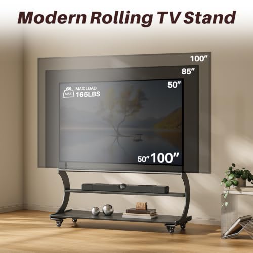 Sythdio Matte Black Rolling TV Stand for 50-100 In TVs with 2-Tier Shelves