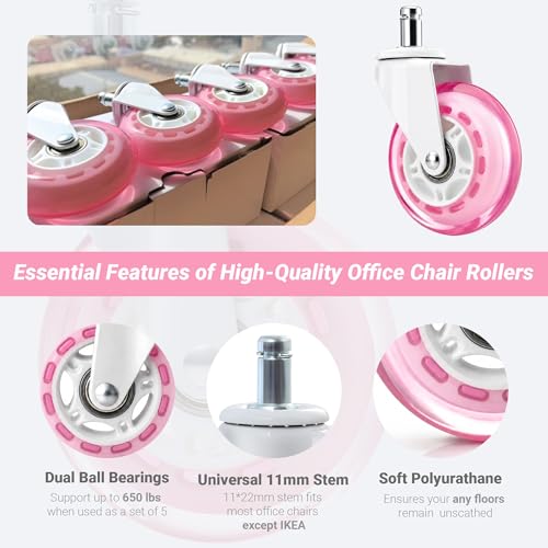 ENYKE Pink/White Caster Wheels Set of 5 3 Inch Heavy-Duty Universal Chairs for Office, Gaming, Desk