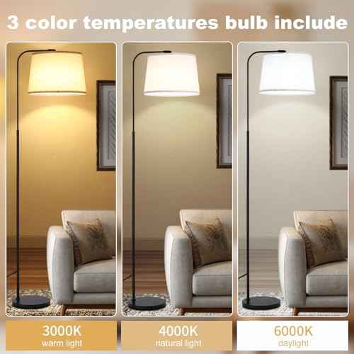 Arc Floor Lamps for Living Room, Modern Floor Lamp for Bedroom, Foot Pedal Control Standing Lamps with Adjustable Linen Lampshade, Tall Lamp with 9W Bulb for Office Reading Room Nursery (Black)