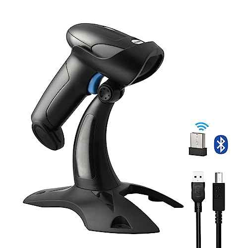 Sumicor Bluetooth Wireless Barcode Scanner with Stand, Handfrees Automatic Scanning & Manual Trigger Hand Barcode Scanner Gun, 1D 2D QR Code DM Scanner Work with Smart Phone, Tablet, PC