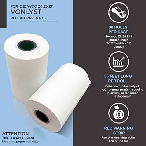 Credit Card Machine Paper Roll for Dejavoo P1 P3 P8 QD1 QD2 Z8 Z9 Z11 (30 rolls)