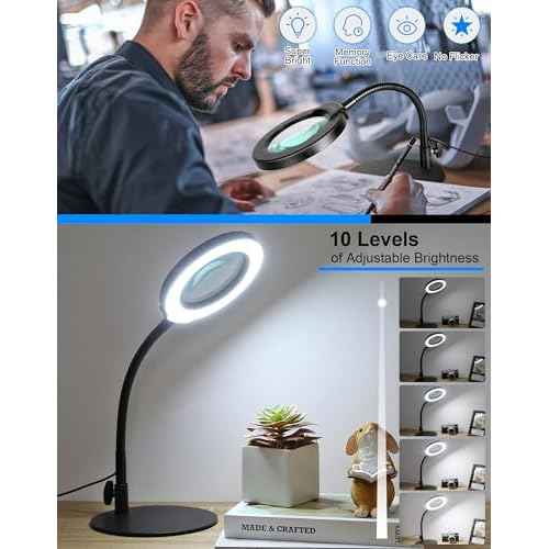 Magnifying Glass with Light and Stand, Hands Free Magnifying Lamp, 5 Color Modes 10 Dimmable Brightness, Metal Base Desk Magnifier Lamp for DIY Craft Reading Painting Sewing Hobby Detail Work