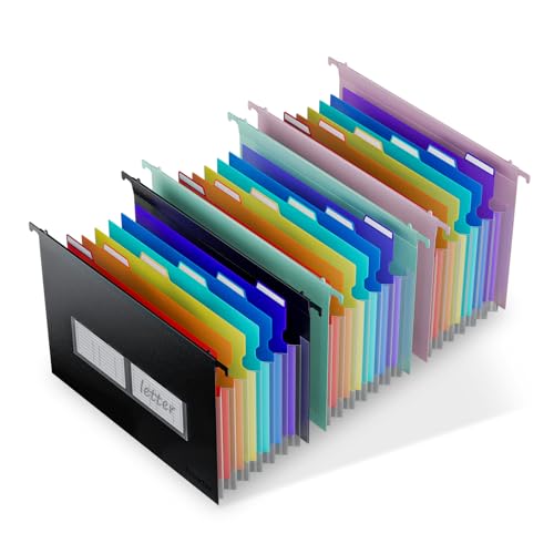 ThinkTex Plastic Expanding Hanging File Folders, 7 Innovative 1.2" Accordion Pockets, Large Capacity, Multi-Color Tabs, Letter Size for Filing Cabinet - 3 Packs 3 Colors