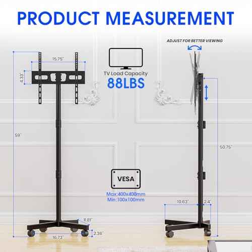 Mobile TV Stand for 23-60 Inch LCD LED OLED Flat Panel Curved Screen TVs up to 88 lbs, Tilt and Height Adjustable, Locking Rolling Wheels TV Cart, Max VESA 400x400mm, Black
