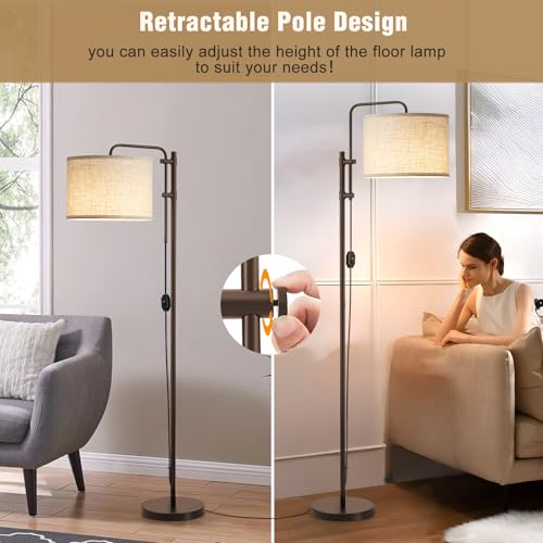Floor Lamp for Living Room, Adjustable Height Standing Lamps with 350¡Æ Rotate Linen Lampshade, 67.5-Inch Brown Modern Tall Lamp Dimmable Floor Lamps for Corner Bedroom Home Office (Bulb Included)