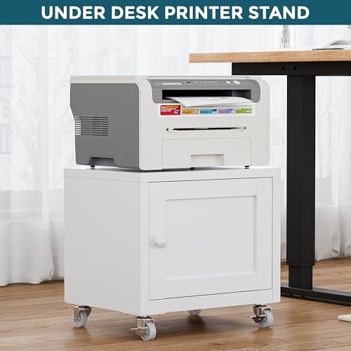 Small Printer Stand with Storage, Home Office Printer Table for Small Spaces, Under-Desk 3D Printer Stand with Wheels, for Office Copier and Fax Machine, White