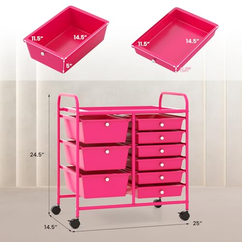 Moccha 9-Drawer Rolling Storage Cart - Hot Pink, 2 Large 3 Small Drawers, Under-Desk Mobile Organizer