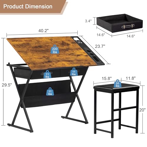 VECELO Rustic Brown Adjustable Drafting Table Art Desk with Storage & Stool