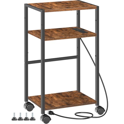HOOBRO Computer Tower Stand, 3-Tier PC Tower Stand, PC Stand with Charging Station, Mobile CPU Stand Fits Most PC, Adjustable Shelf, for PC Tower, Printer, Home Office, Rustic Brown BF12UCJ01