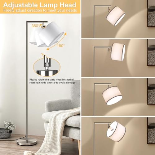Dimmable Silver Floor Lamp, Brushed Nickel Floor Lamps for Living Room with Adjustable White Shade, Tall Standing Lamp Modern Reading Light for Bedroom Office Nursery, 9W LED Bulb Included