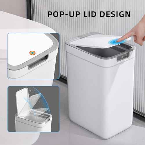 MOPALL 2 Pack Bathroom Trash Can with Lid, 3.6Gal + 2.4Gal Garbage Can with Pop-Up Lid, Small Trash Can Dog Proof, Slim Trash Bin Waste Basket for Toilet, Office, Bedroom, Living Room, Kitchen (White)