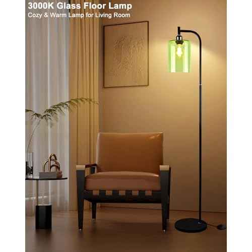 Lightdot 64IN Glass Floor Lamp for Living Room, Modern Standing Lamps with Green Ribbed Glass Lampshade, Industrial Floor Lamp for Bedroom Office-Black