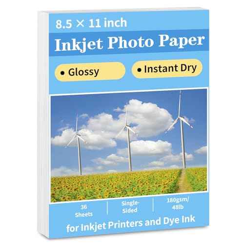 Glossy Photo Paper 8.5 x 11, 36 Sheets Inkjet Photo Printer Paper, Instant Dry Picture Paper for DIY Chip Bag, Flyers, Cards, Calendars and Brochures(180gsm/48lb)