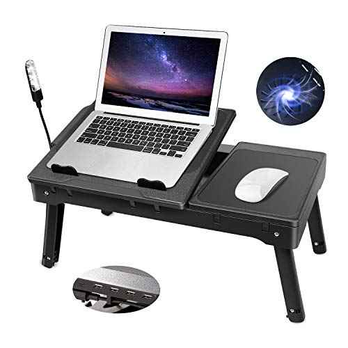 Moclever Laptop Bed Stand ? Adjustable Laptop Table with Cooling Fan, Foldable Laptop Desk with USB Hub, LED Light & Storage ? Multi-Functional Computer Tray for Bed, Sofa, Home, and Office