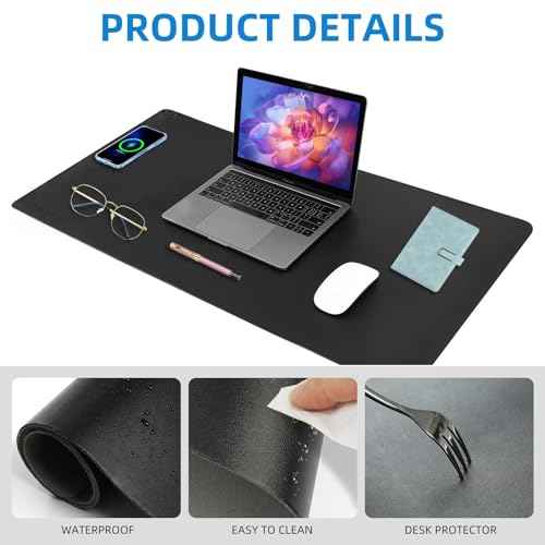 Wireless Charging Mouse Pad with for Desktop Charging Large Desk Mat 36"x17" Waterproof Black Leather Computer Mat Mousepad Non-Slip Protector on Top of Desks for Keyboard and Mouse(Black-L)