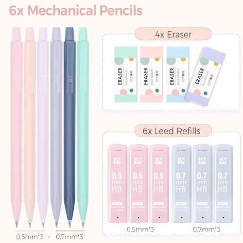 SKYDUE Cute Mechanical Pencils Set, 0.5mm & 0.7mm Mechanical Pencils, 360PCS HB Lead Refills, 4PCS Pastel Erasers, Pastel Aesthetic School Supplies for Writing, Drawing and Sketching