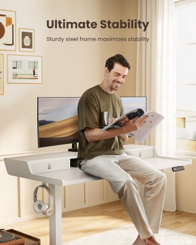 ErGear White 40x24-Inch Electric Standing Desk with Drawers & Monitor Stand