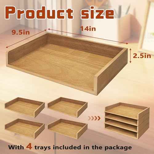 Prolee Stackable Paper Tray,Wooden Paper Organizer for Desk with 4 Letter Trays,Papers Holder and Office Document Organizer Shelf for Mail File Document(Oak,14" x 9.5" x 2.5")