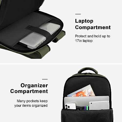 MATEIN Carry on Travel Laptop Backpack, Large Flight Approved Personal Item Travel Backpack with USB Charge Port & Shoe Compartment, Water Resistant Weekender Overnight Bag Fit 17 Inch Laptop, Green