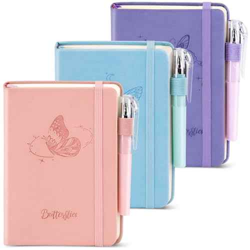 Small Notebook College Ruled, 3 Pack (3 color) 3.7x5.7 in Pocket Notebook A6 Butterfly Journaling Notebooks Mini Hardcover Lined Note Pads with Pens for Work Business Travel and Office Supplies